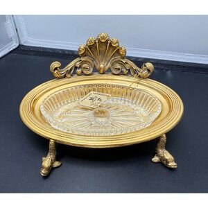 Vintage soap Dish‎ 24K Gold Plated Austrian Crystal fish Feet ashtray 6"